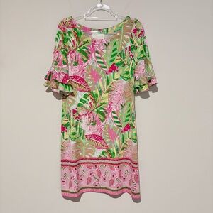 Pappagallo Shift Dress Pink Green Tropical Oasis Palm Leaf size medium